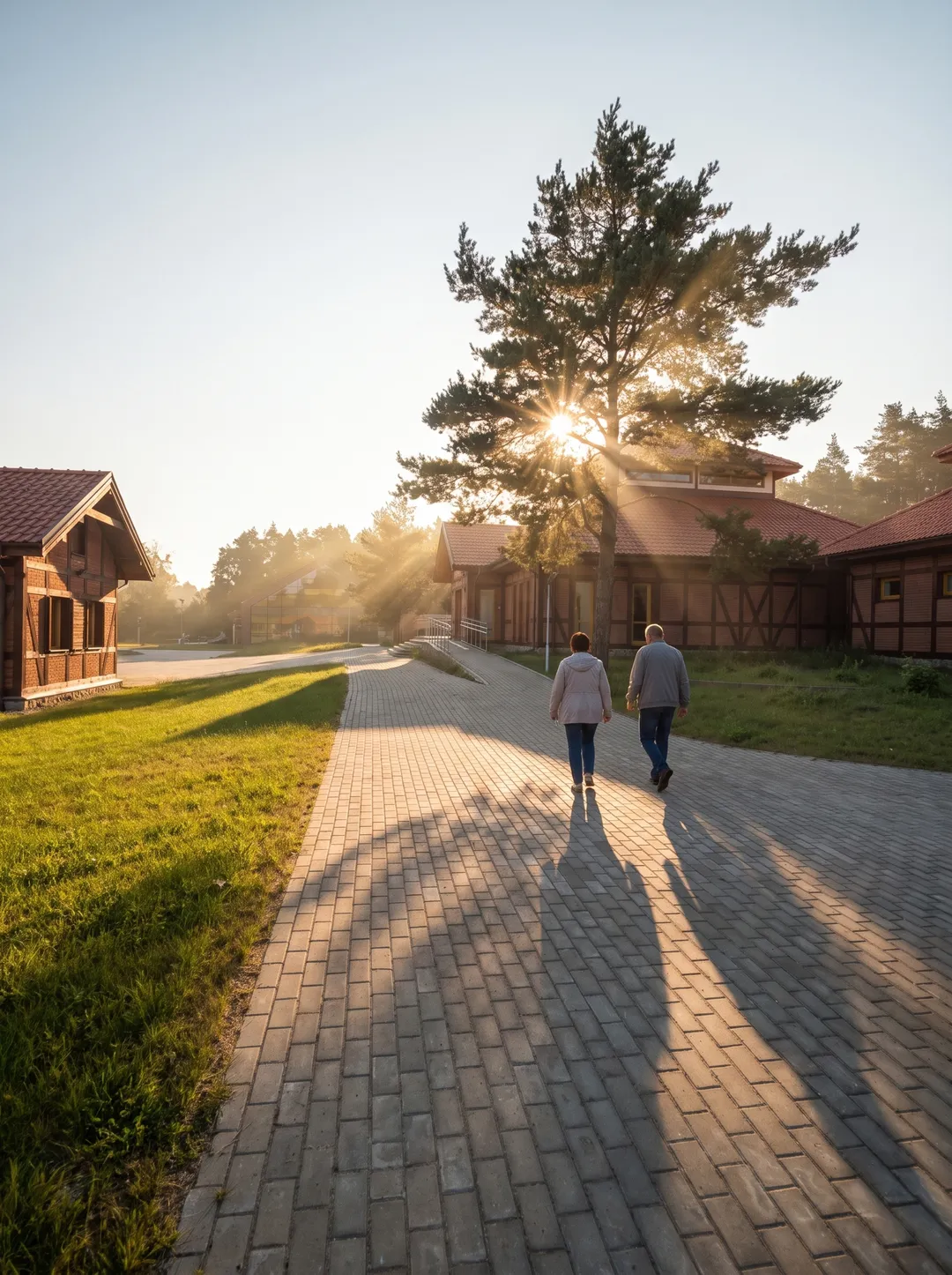 Dwie osoby idą aleją wśród sosen o zachodzie słońca, mijając pawilony z czerwonymi dachami