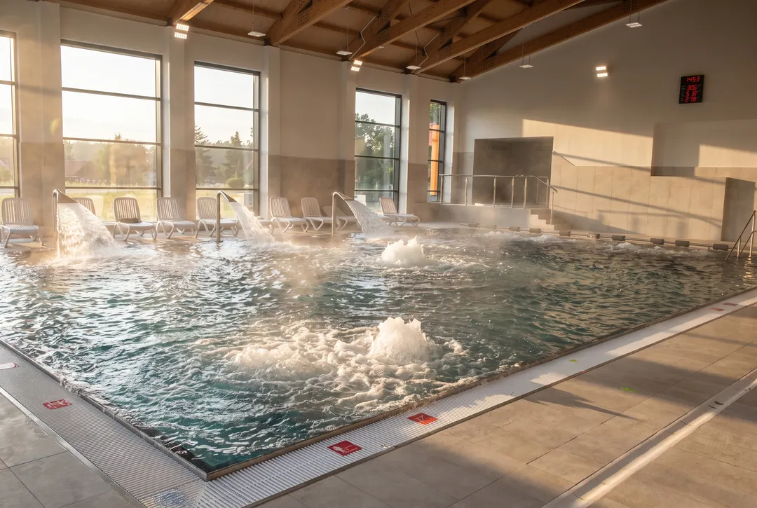 Basen rehabilitacyjny ze stanowiskami hydromasażu w hali z drewnianym stropem
