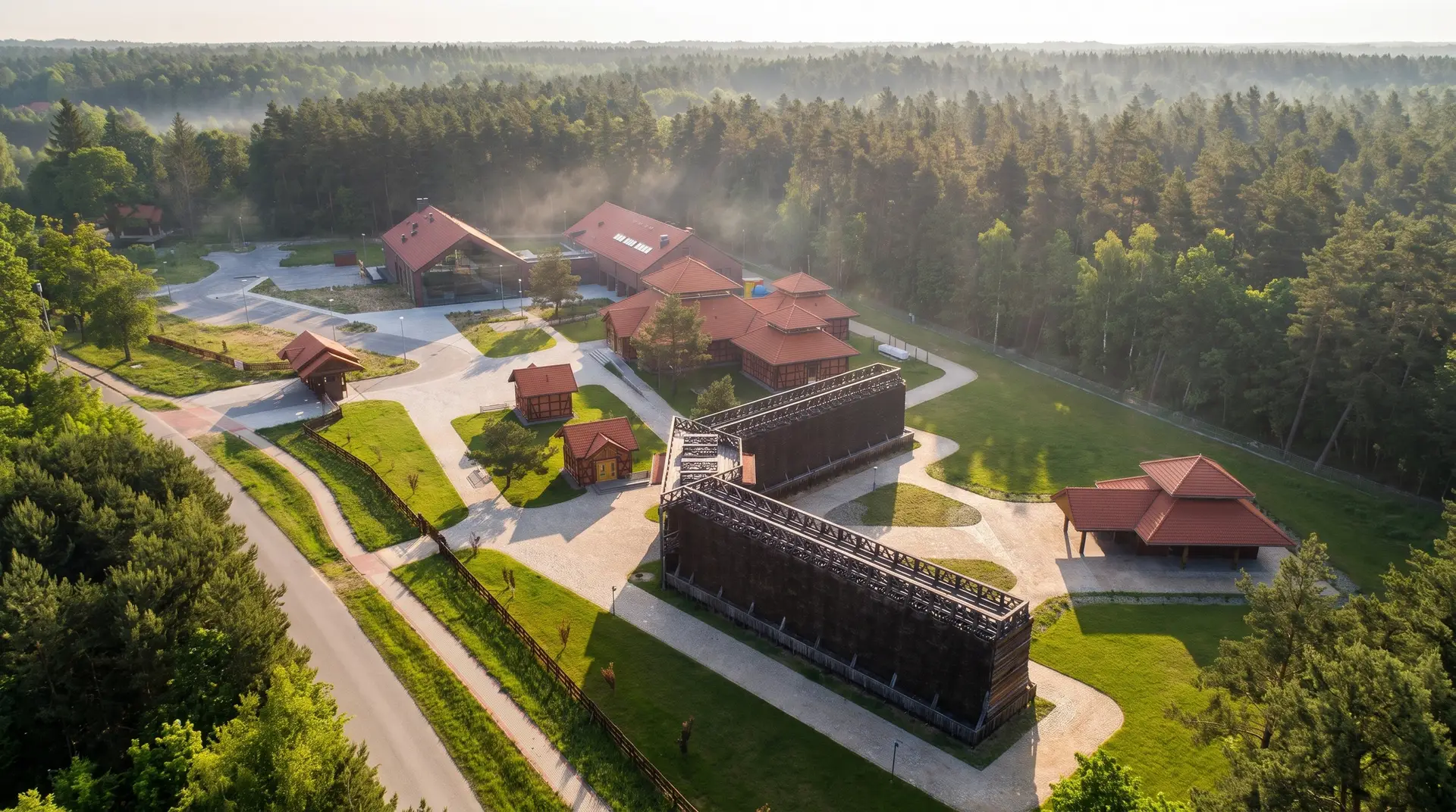 Kompleks uzdrowiskowy w Nowej Wsi Iławeckiej z lotu ptaka: tężnia i pawilony z czerwonymi dachami wśród sosnowego lasu