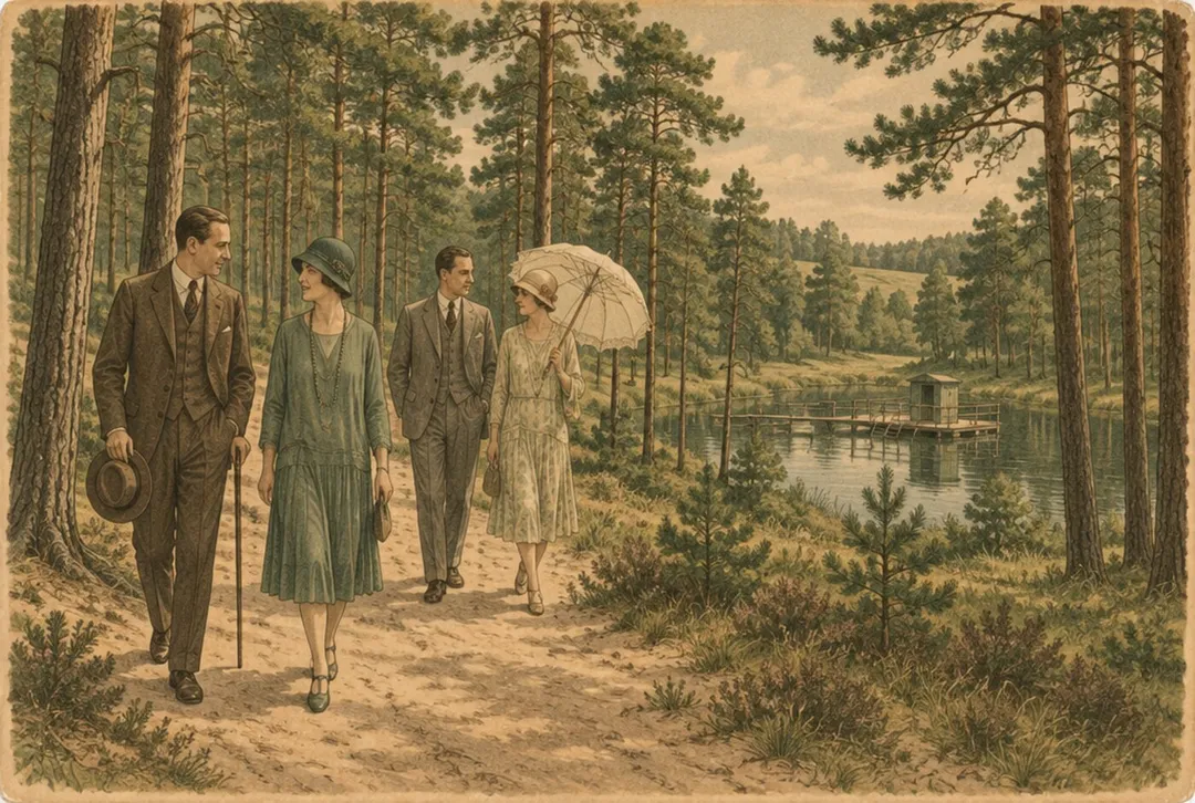 Ilustracja w stylu dawnej pocztówki: elegancko ubrani spacerowicze z lat trzydziestych na piaszczystej leśnej drodze, w tle staw z drewnianym pomostem kąpielowym