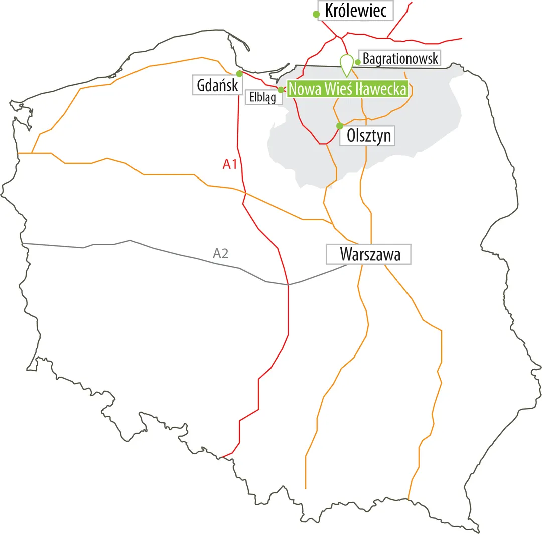 Mapa Polski z zaznaczonym położeniem Nowej Wsi Iławeckiej na północy województwa warmińsko-mazurskiego, przy granicy z obwodem kaliningradzkim
