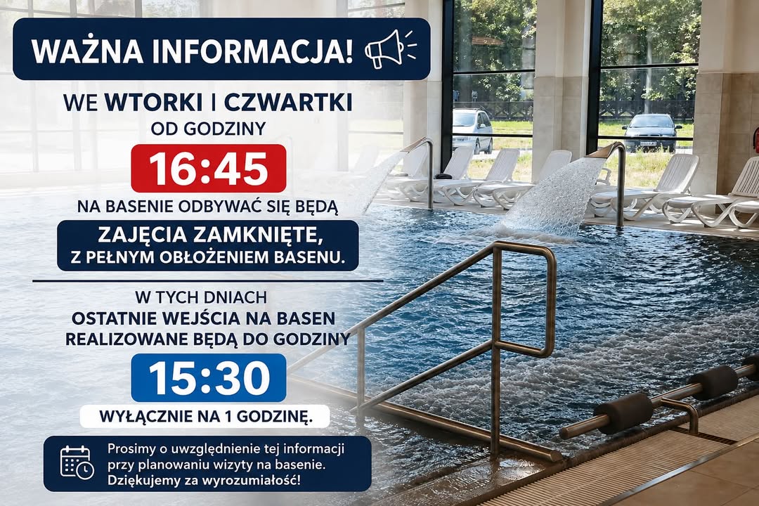 Grafika Spółki na tle basenu z hydromasażem: zajęcia zamknięte we wtorki i czwartki od godziny 16:45, ostatnie wejścia do 15:30