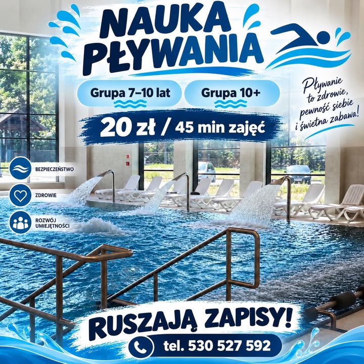 Grafika Spółki na tle basenu: zapowiedź zapisów na naukę pływania w grupach 7–10 lat i powyżej 10 lat