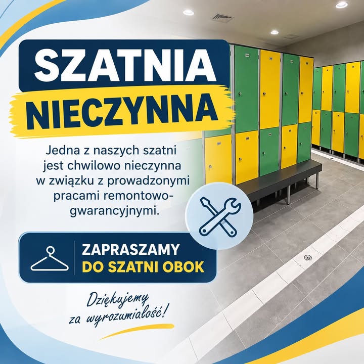 Grafika Spółki na tle szatni z zielono-żółtymi szafkami: jedna z szatni czasowo nieczynna na czas prac remontowo-gwarancyjnych
