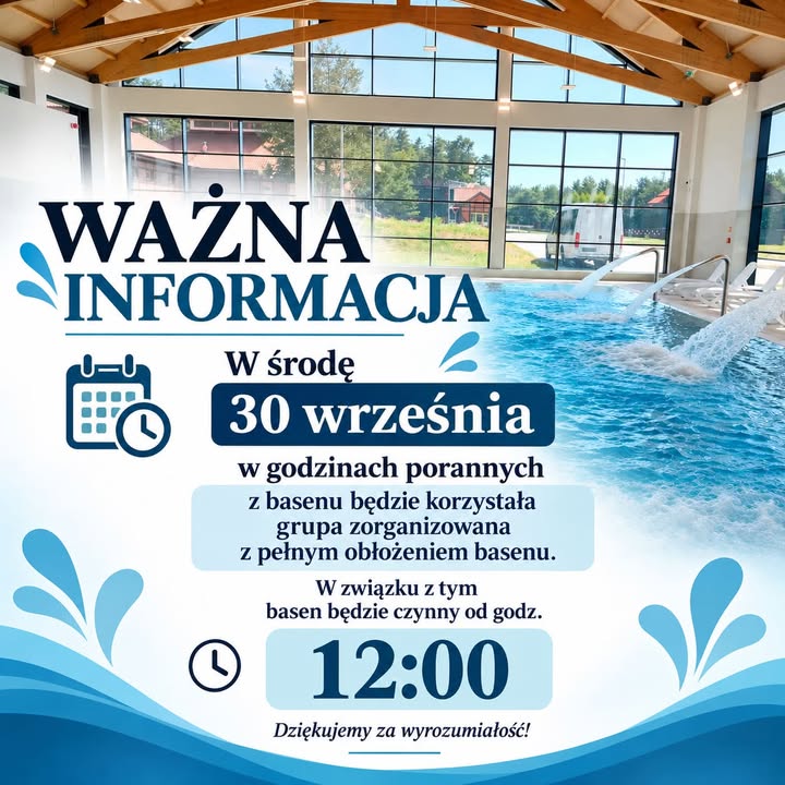 Grafika Spółki na tle hali basenowej z drewnianym stropem: w środę 30 września basen czynny od godziny 12:00